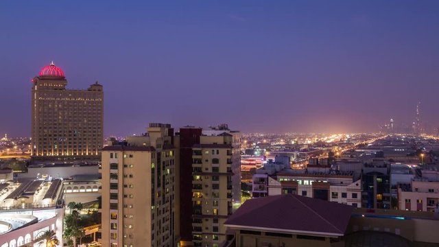 sunset twilight dubai cityscape al barsha rooftop luxury hotel panorama 4k time lapse uae
