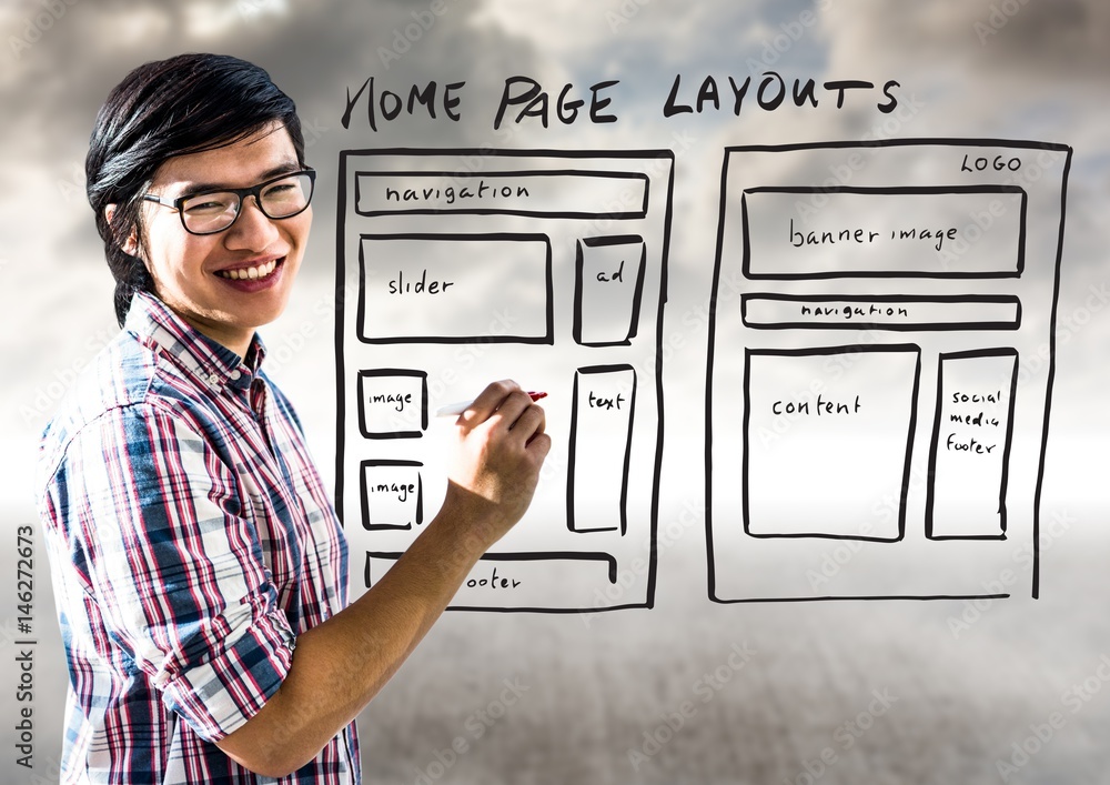 Aufkleber man with marker against website mock up and cloudy sky