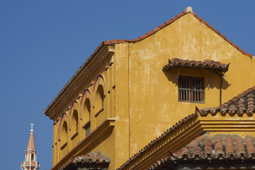 Historic Spanish colonial buildings surrounding Plaza De La Paz in the Cartagena de Indias, Colombia