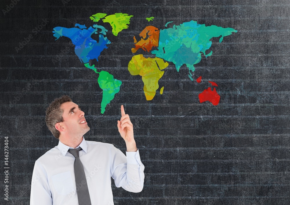 Poster man pointing at colorful map with wall background