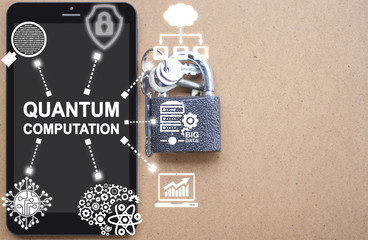 Quantum Computation Tablet Computer Insurance Security Template Concept. Innovation mobile computing safety technology on wooden background.