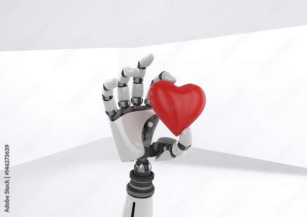 Poster android robot hand holding heart with bright background