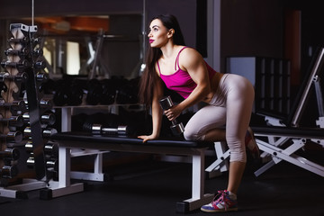 Fototapeta na wymiar Young attractive muscular fitness woman doing exercise with dumbbell in gym