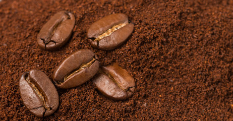 Coffee beans and ground coffee close up. Selective focus