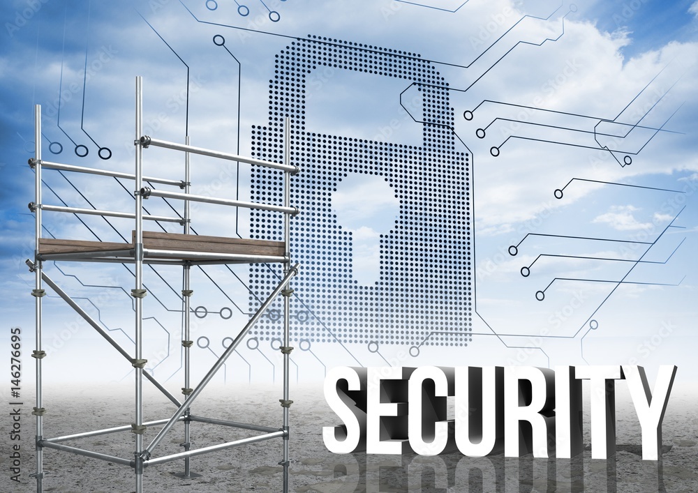 Poster security text with 3d scaffolding and lock interface