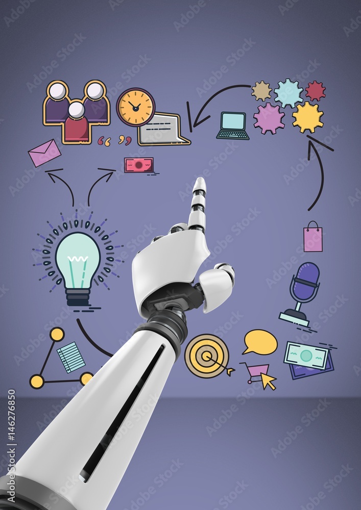 Poster android hand pointing with business graphics drawings icons