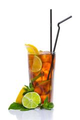 A fresh cocktail of tropical fruit and juice with ice. Fresh fruit lime, lemon, mint, kiwi. Top view. On a white background.