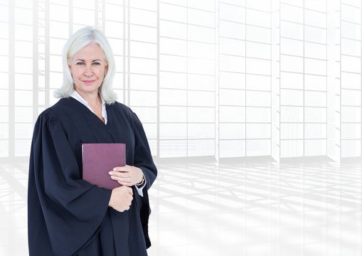 Judge holding book in front of bright windows