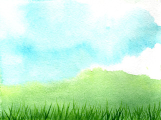 Fototapeta na wymiar Green grass on meadow in watercolor