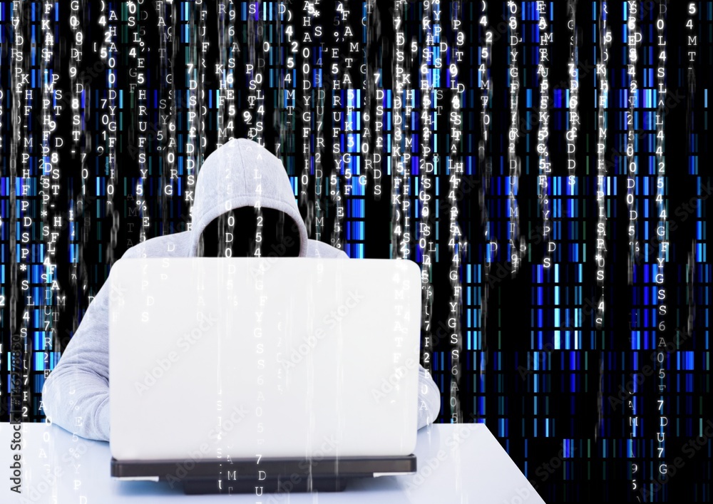 Poster grey jumper hacker with out face with the computer in the desck