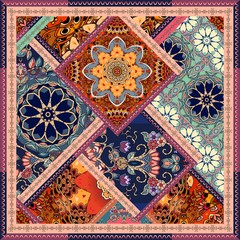 Patchwork pattern with flowers, mandalas and ornamental frame. Vintage decorative elements. Greeting card, bandana print, square carpet, unique blanket.