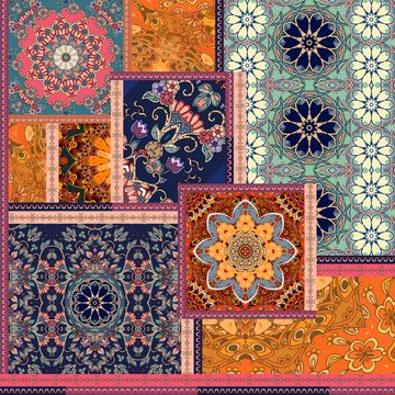 Patchwork pattern. Stylized flowers. Indian, arabic, moroccan motives. Ethnic print for fabric.