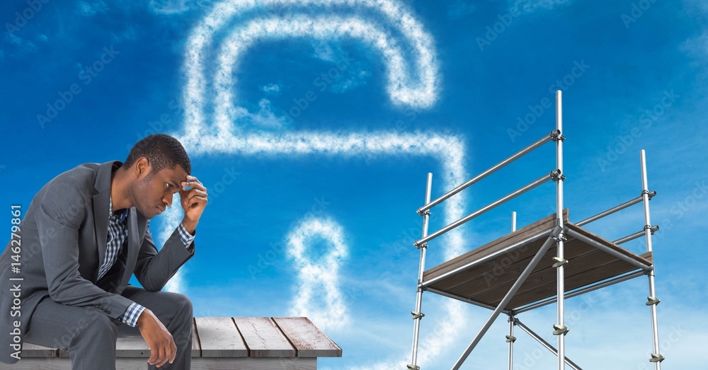 Poster man sitting by lock security cloud with 3d scaffolding