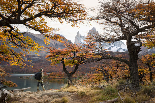 Tourist near Mount Fitz Roy, Patagonia, Argentina