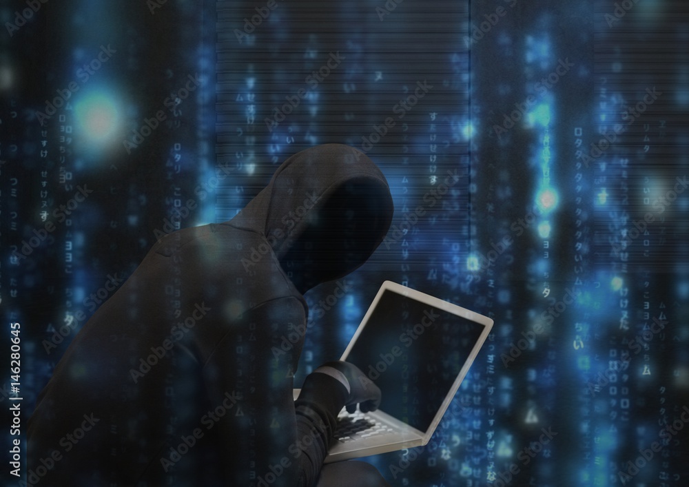 Poster black jumper hacker with out face with computer
