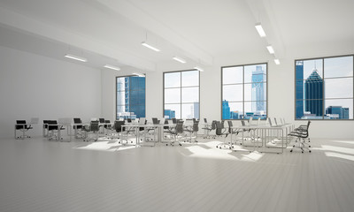 Office interior design in whire color and rays of light from window