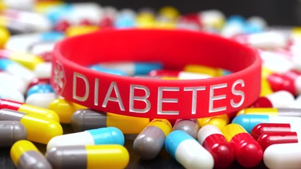 Focus rack / focus pull of a diabetes wristband sitting on pills.