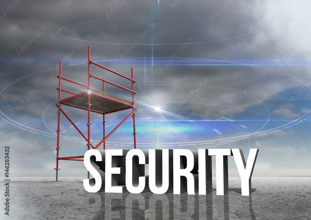 Poster security text with 3d scaffolding and cloudy sky
