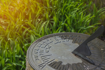 Sundial in spring flowers natural concept with wet morning grass and time passing by.  Copy space.  Sun dial in bottom corner.