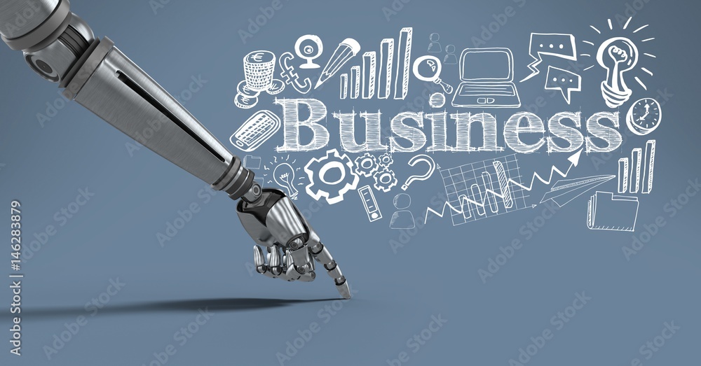 Poster android hand pointing with business drawings graphics and text