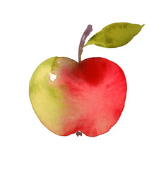 Watercolor Red and Green Apple with Stem and Leaf Hand Drawn Illustration isolated on white background