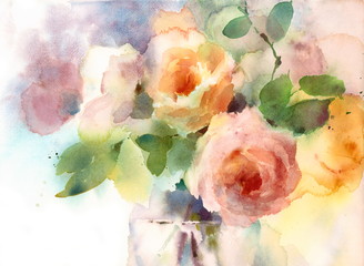 Watercolor Roses Flowers In The Vase Floral Background Texture Hand Painted - 146284247