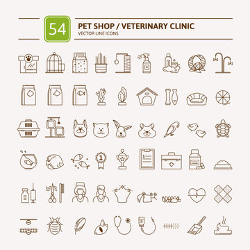 Thin Lines Web Icon Set - Pet Shop, Vet Clinic, Types Of Pets. Vector Illustration In Flat Style