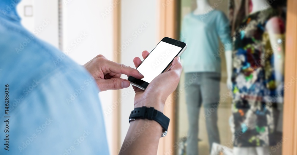 Poster hands with mobile in the store