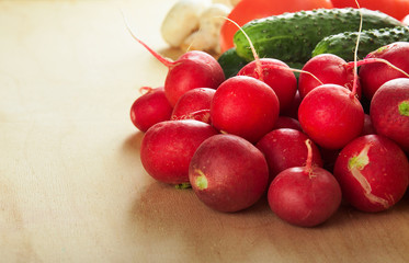 Ripe fresh vegetables on wood table