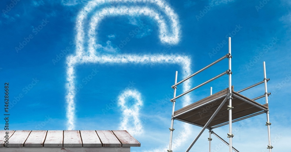Poster lock security cloud with 3d scaffolding and wooden shelf