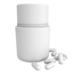 Blank plastic bottle of pills. 3D render illustration isolated on white background. Medical drug pharmacy care and tablet pills antibiotic pharmaceutical