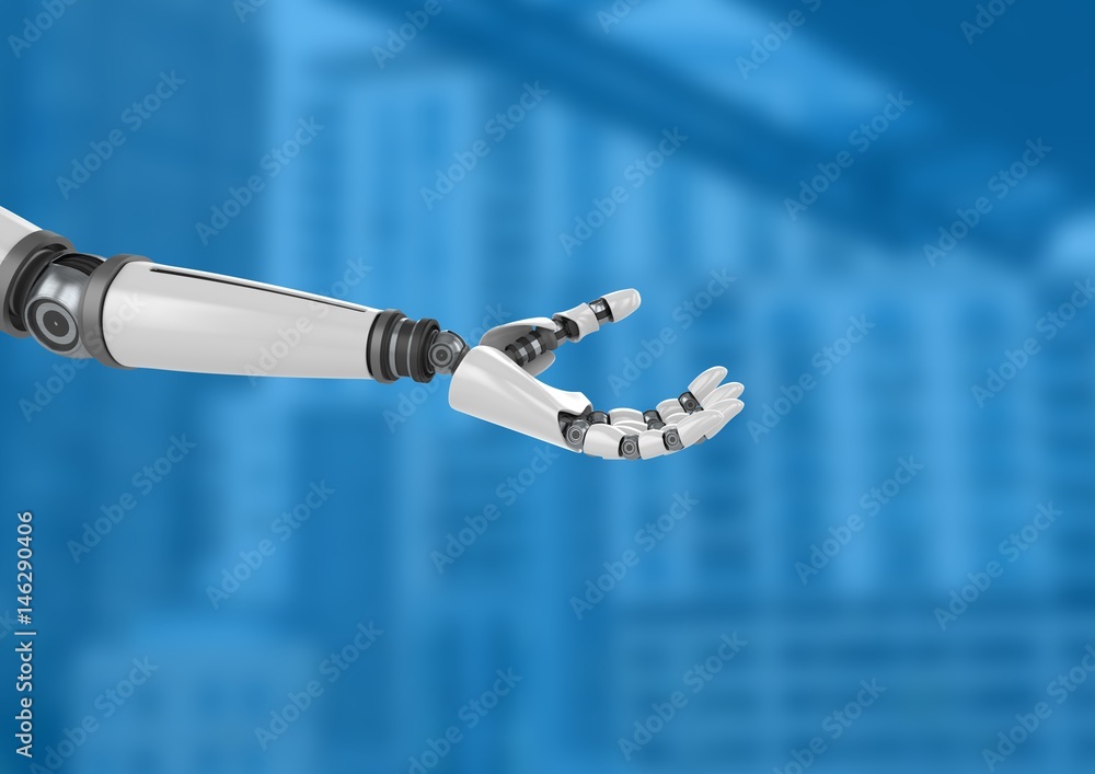 Poster android robot hand open with blue background