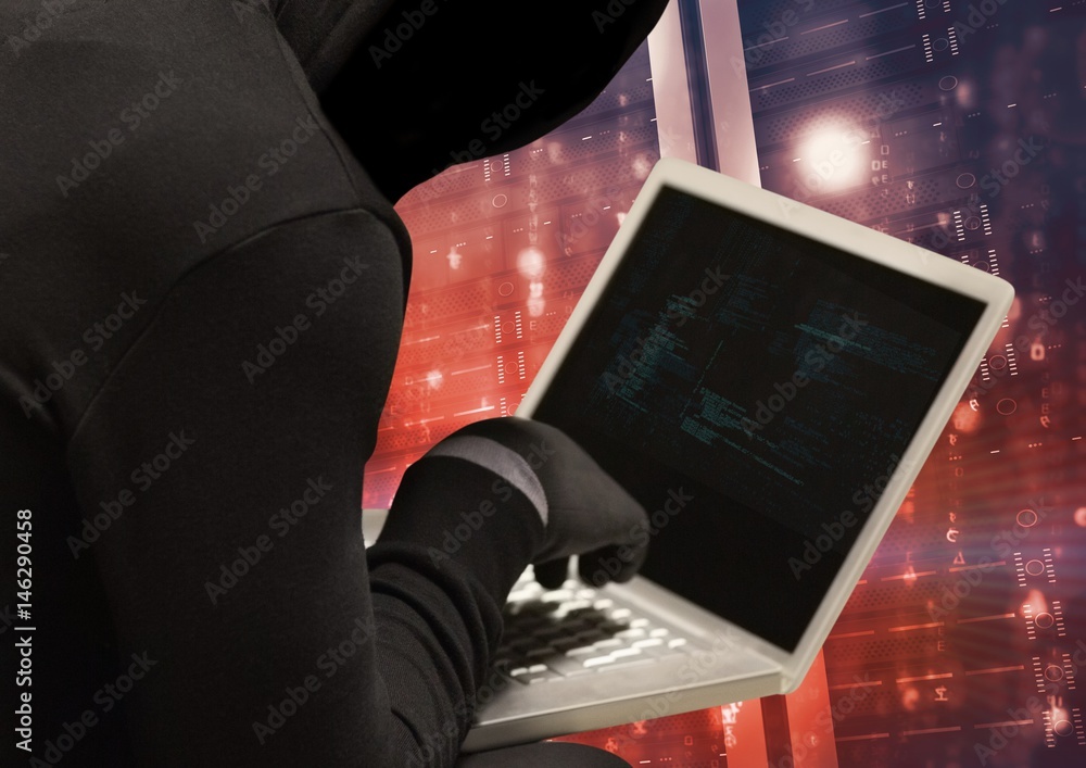 Poster black jumper hacker with out face with computer