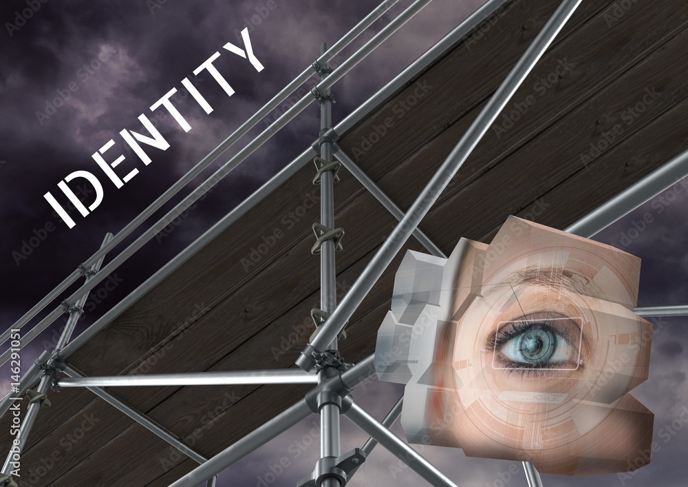 Poster identity text with 3d scaffolding and eye structure