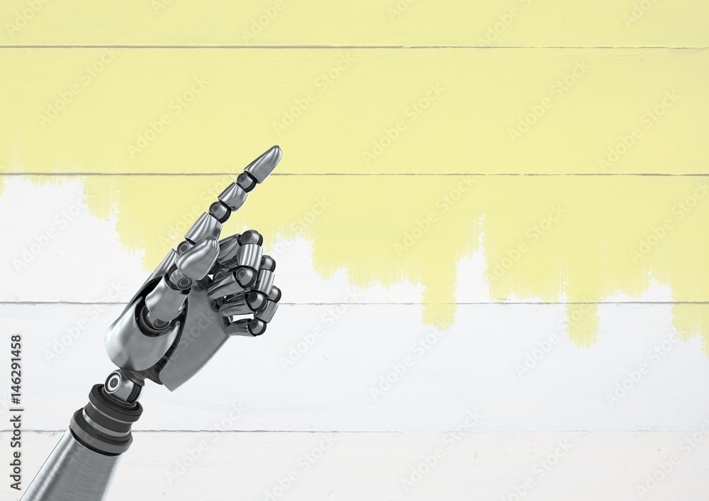 Poster android robot hand pointing with bright wood background