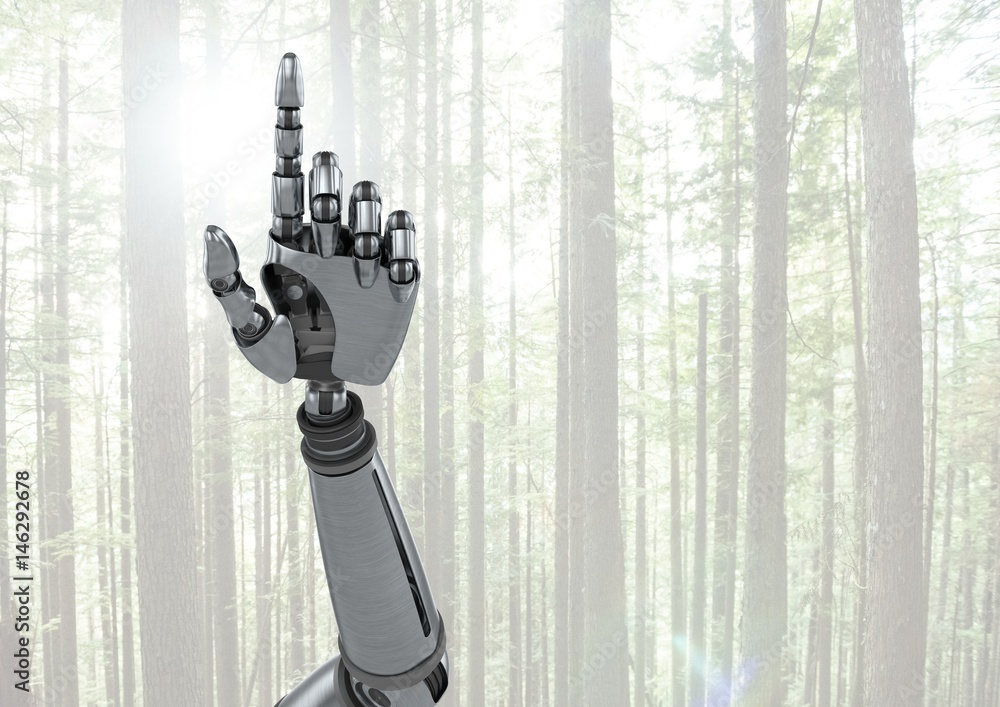 Poster android robot hand pointing with bright forest background