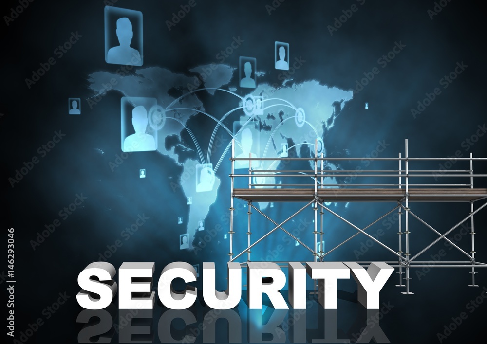 Poster security text with 3d scaffolding and world network interface