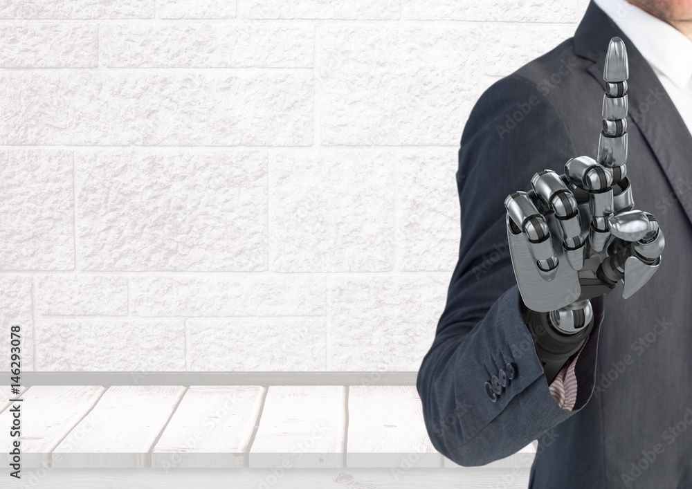 Aufkleber android robot businessman hand pointing with bright background