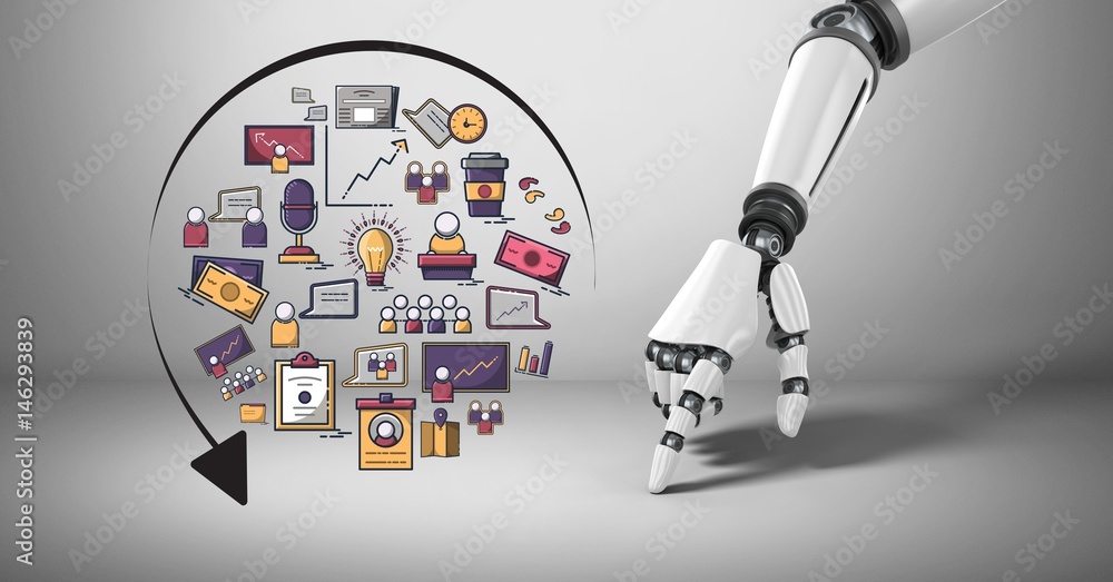 Poster android hand pointing with business graphics drawings