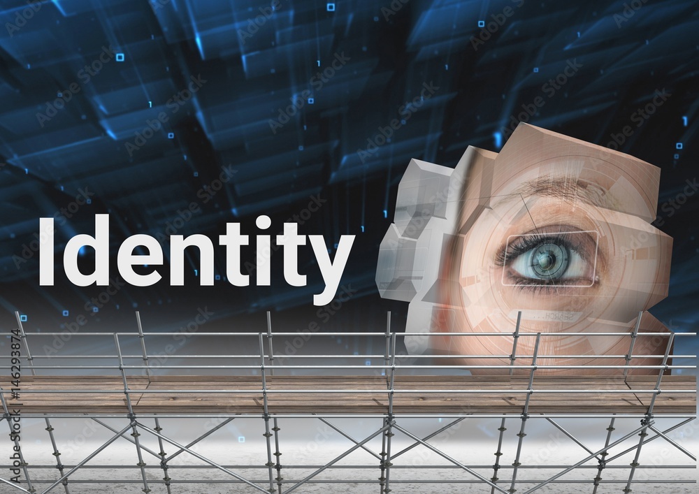 Poster identity text with 3d scaffolding and eye structure