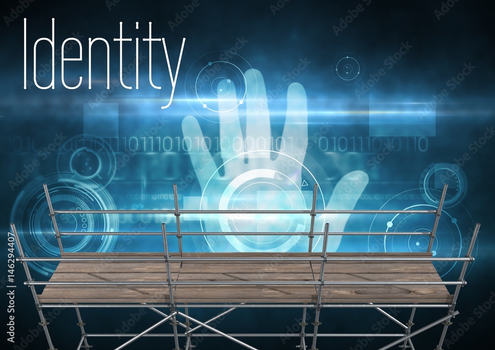 Poster identity text with 3d scaffolding and hand interface