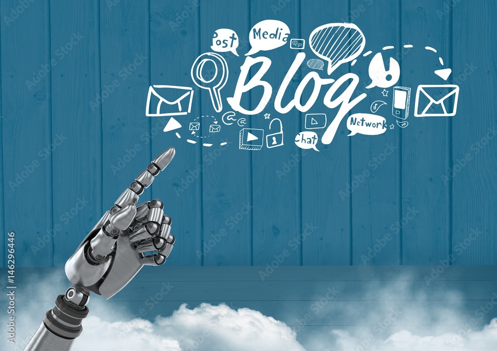 Poster android hand pointing and blog text with drawings graphics