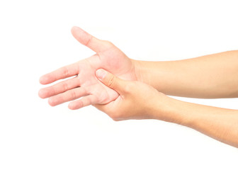 Man hand with pain on white background, health care and medical concept