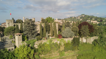Fototapeta na wymiar Bergamo, Old city. Drone aerial view of the old fortress