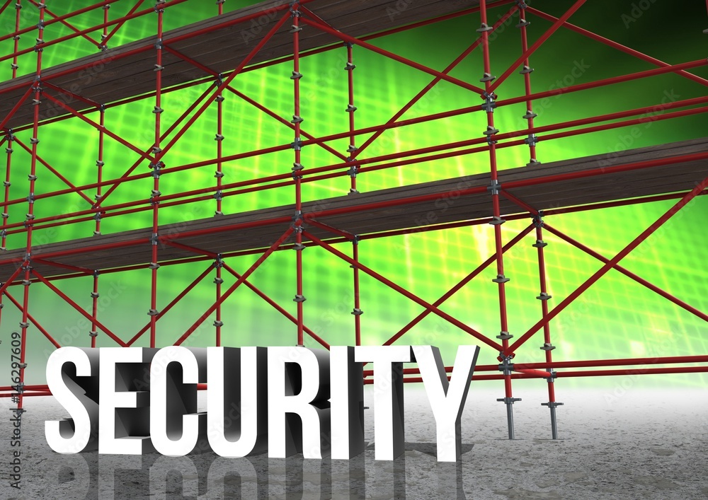 Poster security text with 3d scaffolding and illuminated grid