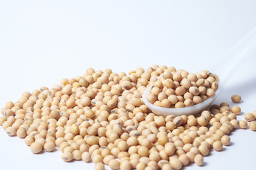 Soy beans with spoon on white background. Food ingredient, nutrition concept.