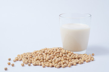 Soy milk and soy beans on white background. healthy and  nutrition life style.