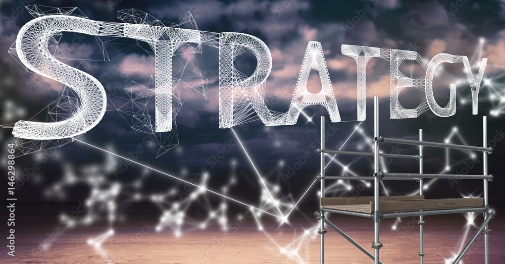 Poster strategy text with 3d scaffolding and sky