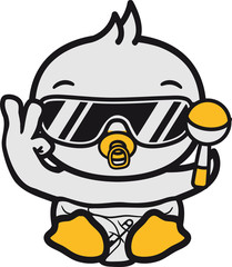 cool peace hand symbol sonnenbrille schnuller windel rassel spielen küken süß niedlich klein baby kind ente vogel comic cartoon
