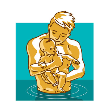 Father and small child. Dad teaches little baby to swim. Vector graphic illustration in cartoon style.